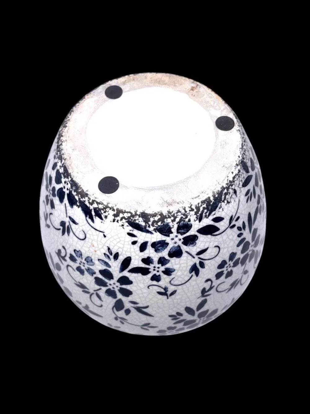 Vintage Blue White Crackle Glaze Ceramic Cachepot Planter Vase Floral 7.25